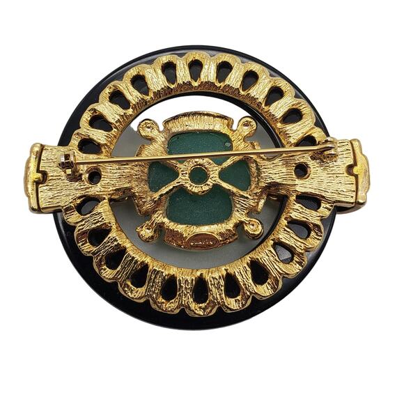 Gem Craft Green & Black Brooch Deco Carved Stone Pave Crystal Faux Jade Pin Vtg - Picture 6 of 8